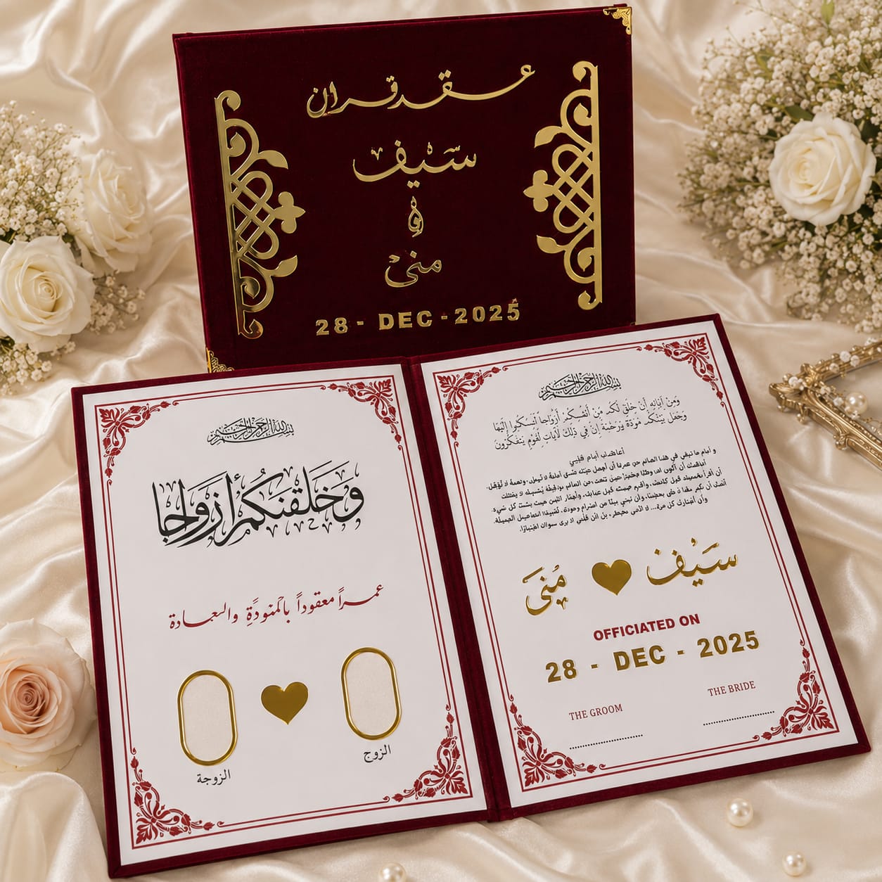 Personalized burgundy velvet nikah contract book with matching presentation box, gold details, custom names and event date by Ronaia Craft