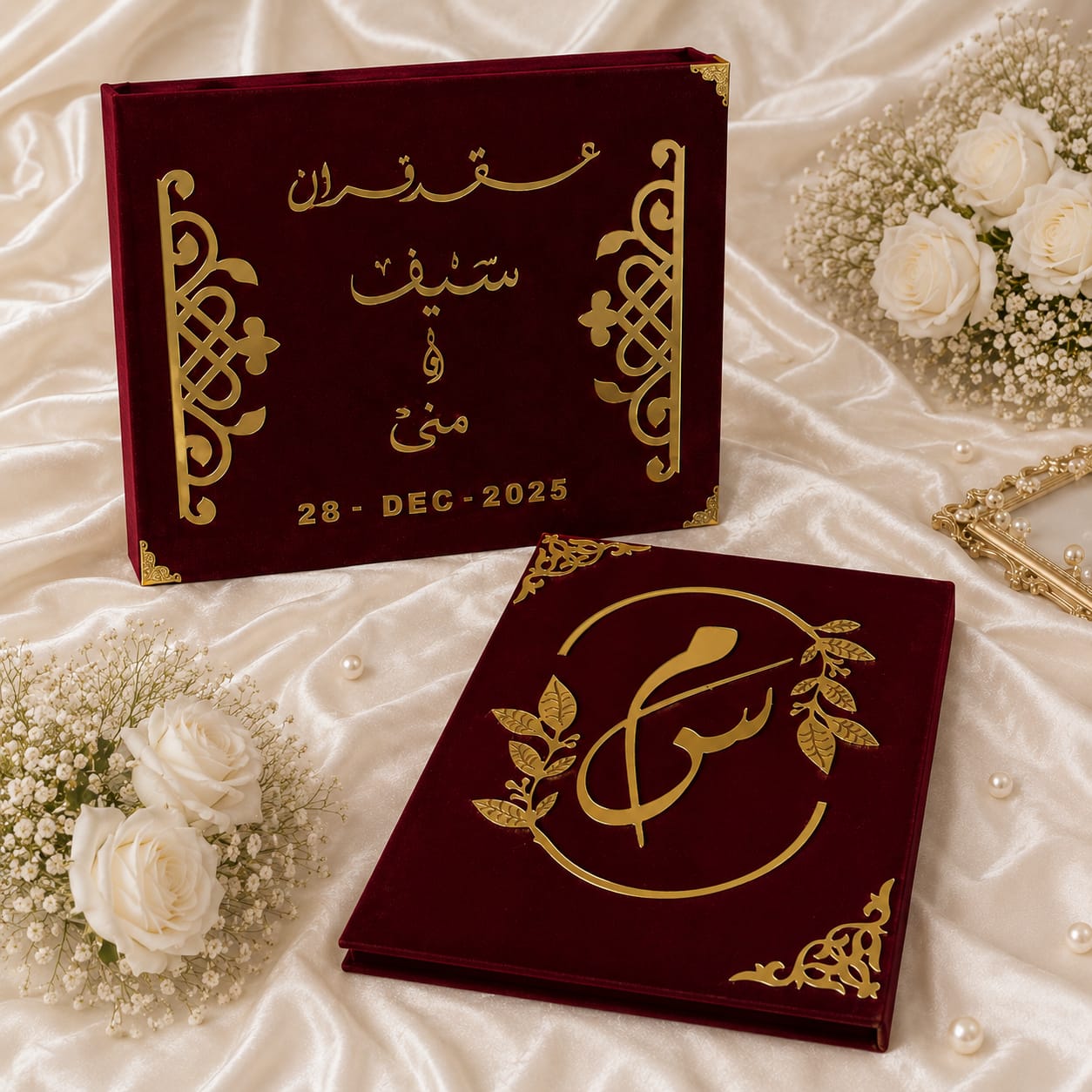 Close-up of personalized wedding contract book pages with fingerprint spaces, heart detail and signature sections