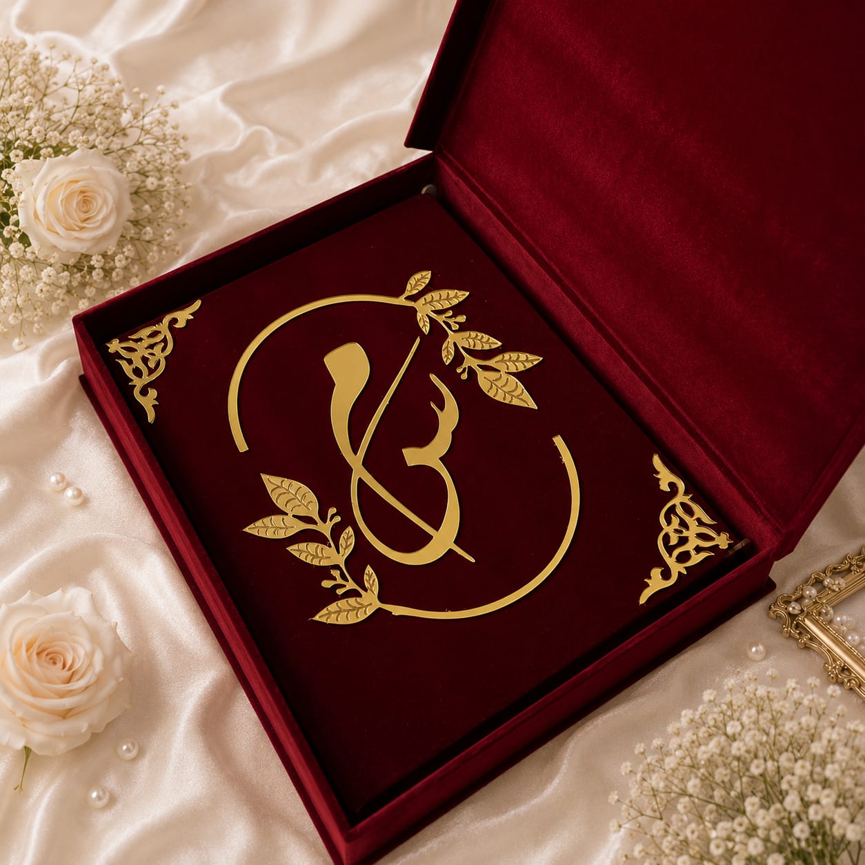 Custom nikah contract book and velvet box set with gold acrylic details, names and wedding date