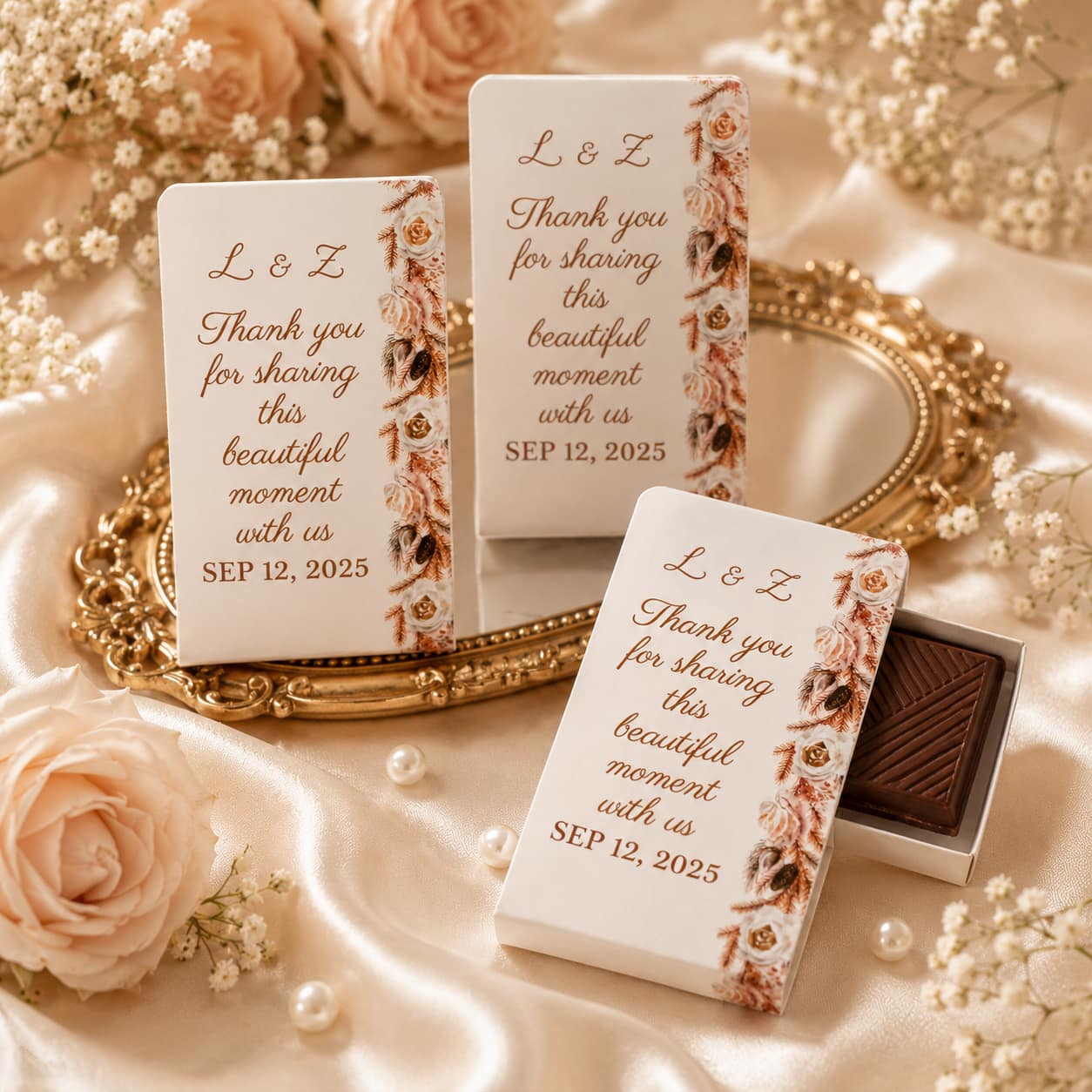 Custom wedding favor box with satin bow, personalized names, initials and event date