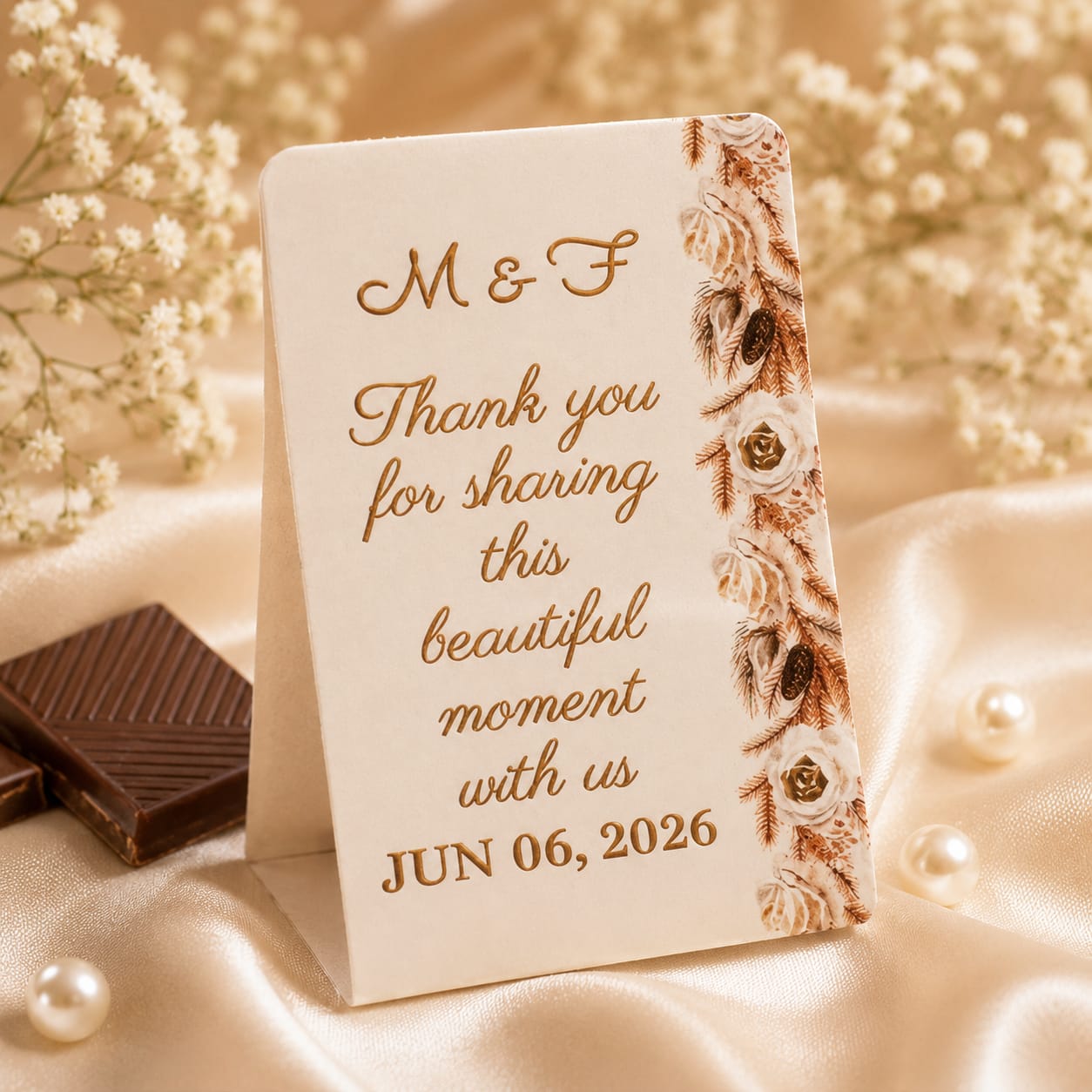 Made to order wedding favor boxes styled with roses, pearls and soft ivory wedding details