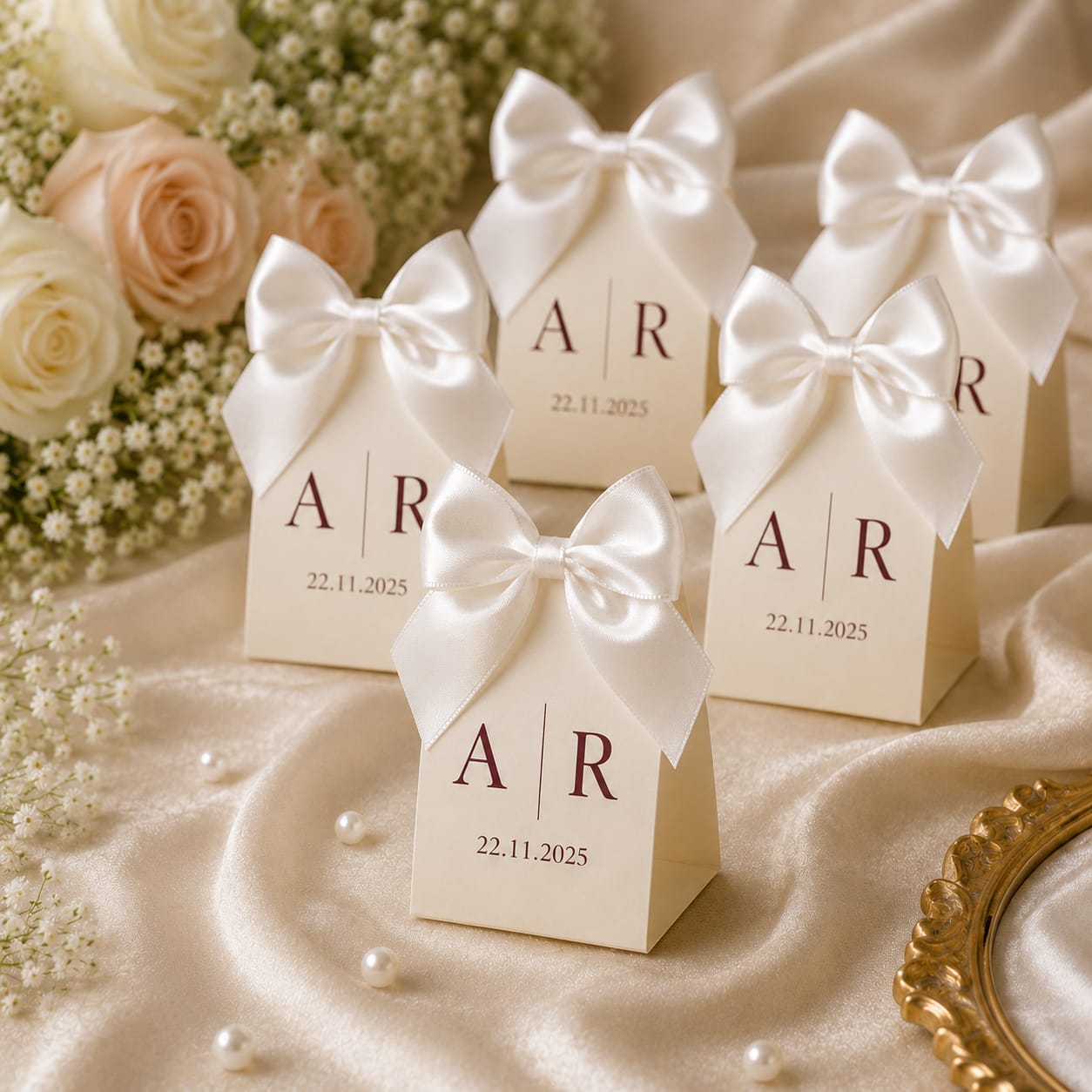 Custom wedding favor box with ivory card, white satin bow, burgundy initials and date