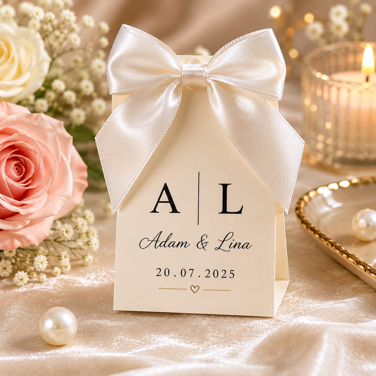 Personalized ivory wedding favor box with white satin bow, custom initials and event date by Ronaia Craft