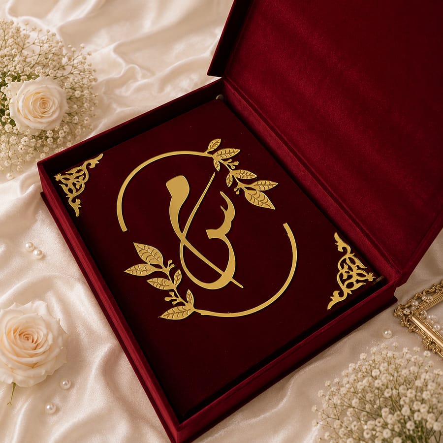 Custom nikah contract book and velvet box set with gold acrylic details, names and wedding date