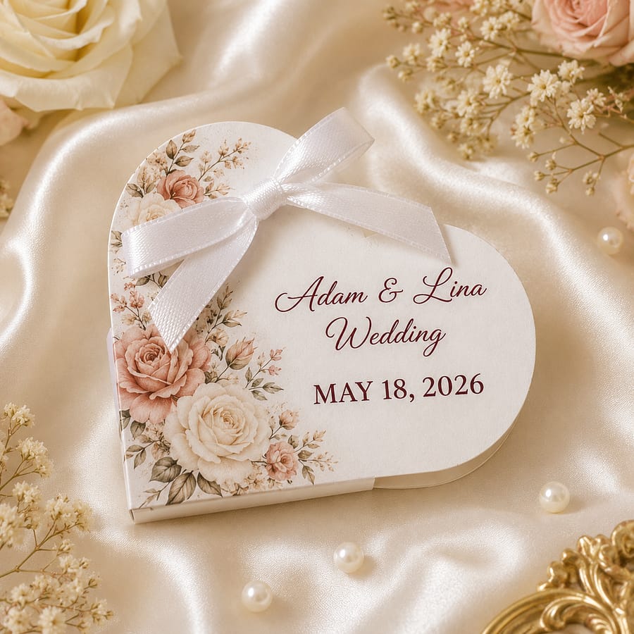 Custom heart-shaped chocolate favor with personalized names, event date and ivory wedding styling