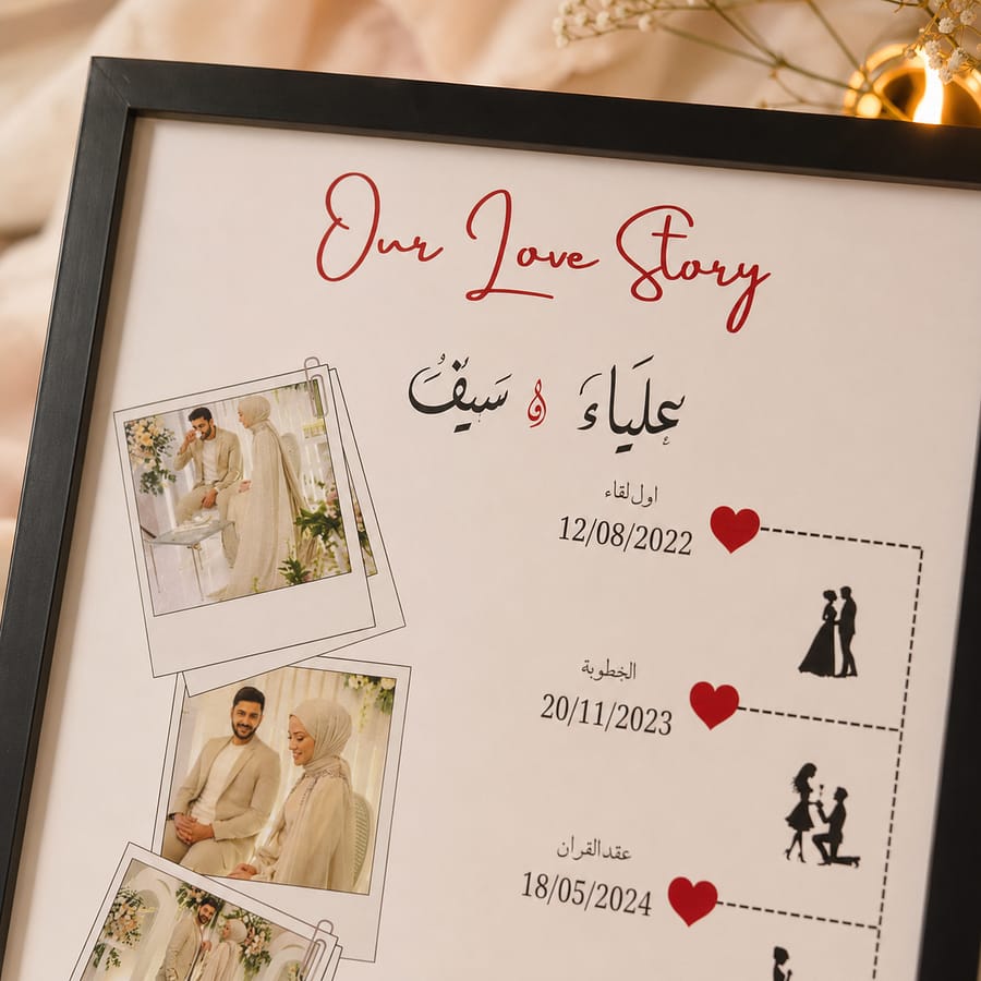 Custom love story frame close-up detail with elegant calligraphy by Ronaia Craft