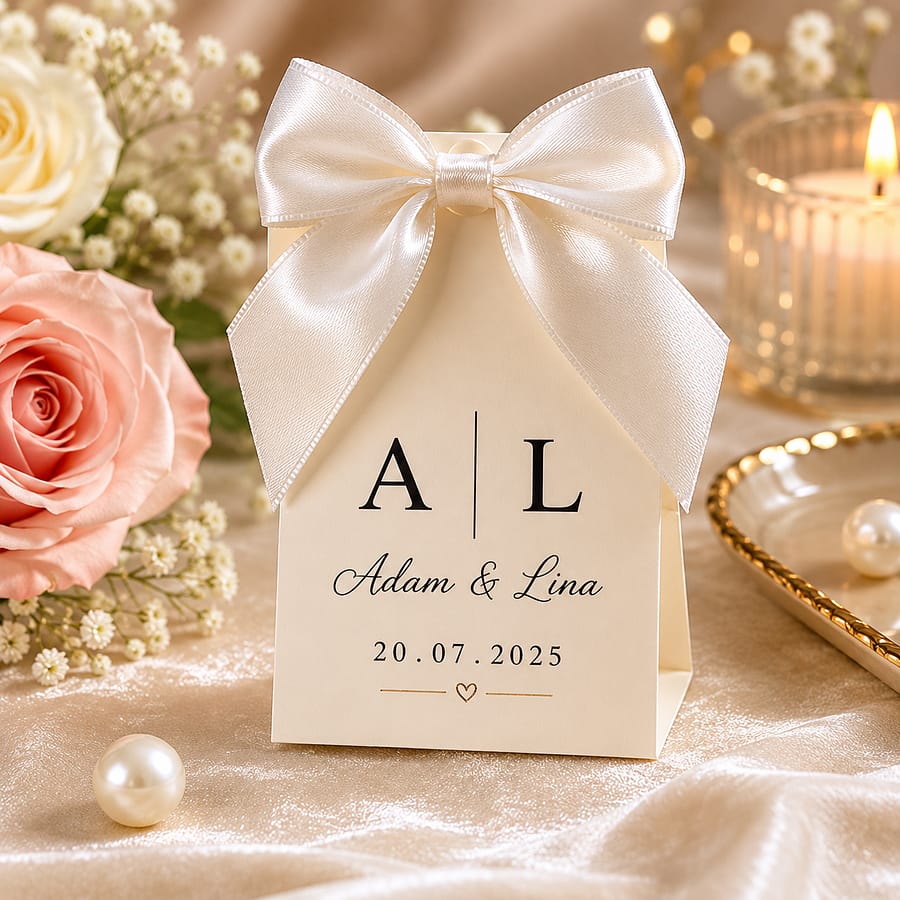 Personalized ivory wedding favor box with white satin bow, custom initials and event date by Ronaia Craft